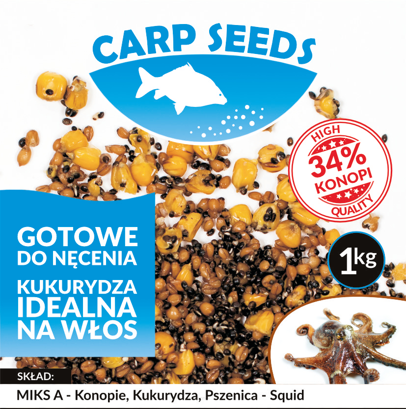 Gotowe ziarno zanętowe Carp Seeds - Miks A - Konopie, Kukurydza, Pszenica, Squid 1kg