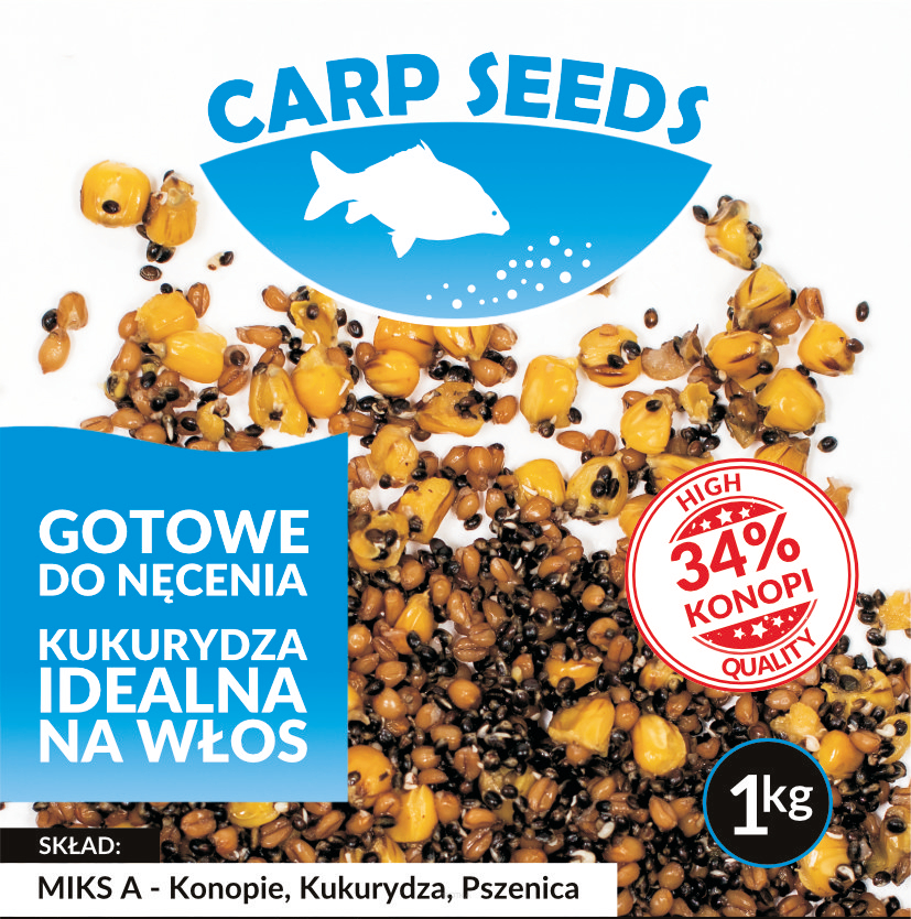 Gotowe ziarno zanętowe Carp Seeds - Miks A - Konopie, Kukurydza, Pszenica 1kg   