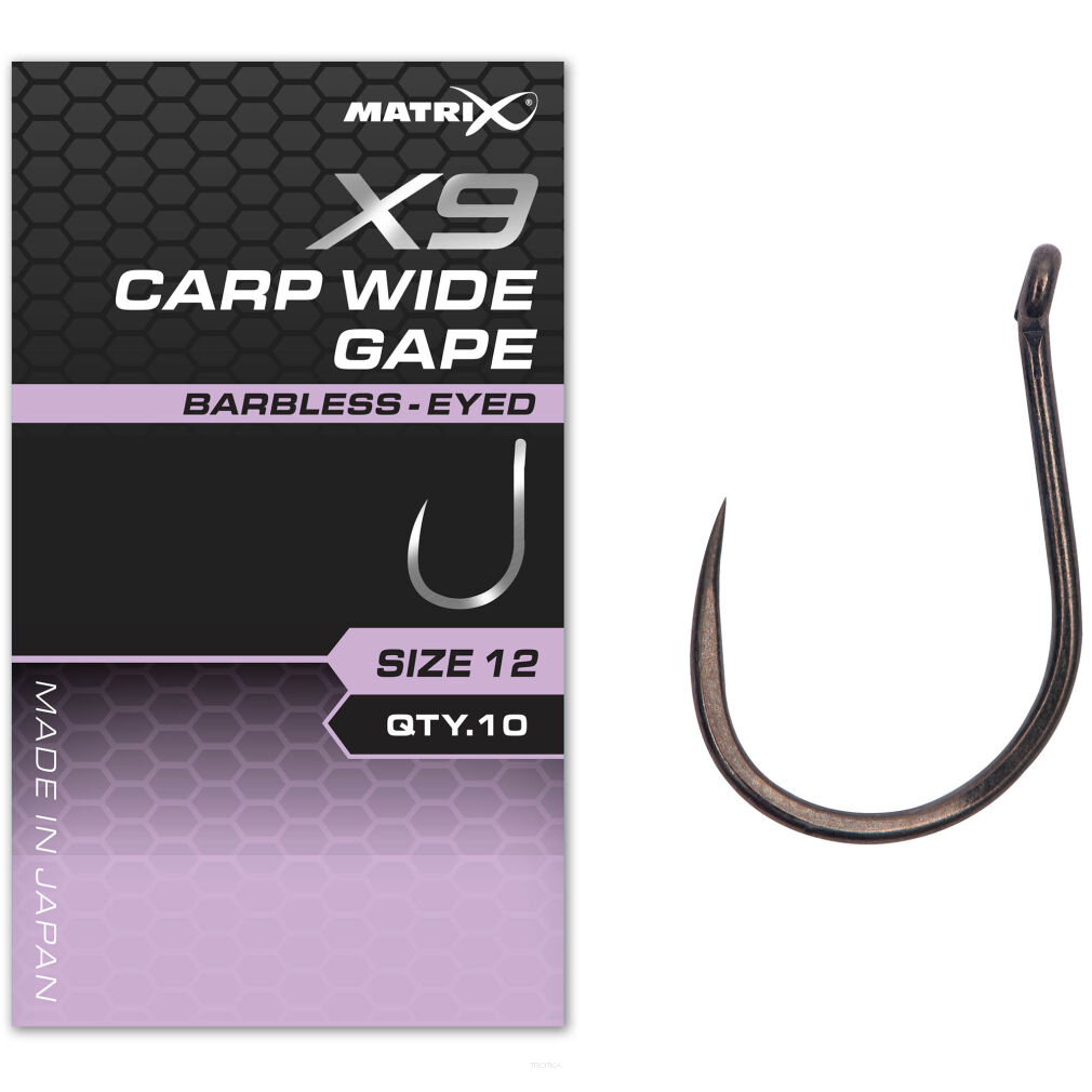 Haczyki Matrix X9 Carp Wide Gape Barbless Eyed - 10