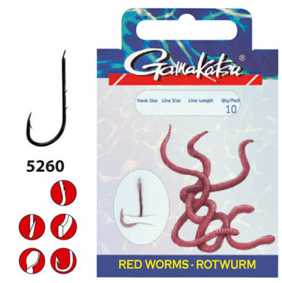 Haczyki Gamakatsu z Przyponem Coars-Red Worm 5260R #6/0.22mm